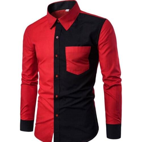 Spring 2020 New Cotton High-quality Mens Shirt Fashion Black Red Trend Brand Patchwork Casual Slim Stylish Long-sleeved Shirt