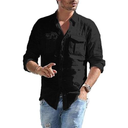 Mens hot sale cotton and linen shirts loose cotton and linen pockets solid color long-sleeved retro tops рубашка 40