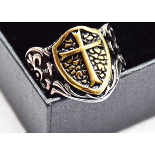 New 2021 personalized retro mens alloy cross Knight shield and carved mens ring size: 7-15