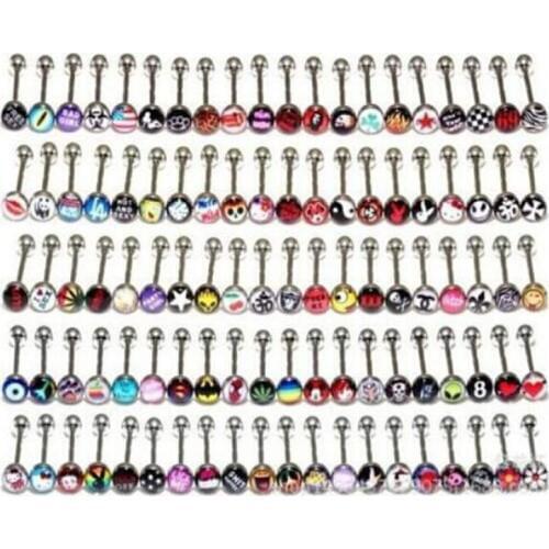 Wholesale 50Pcs 316L mix logo Stainless Steel Acrylic Barbell Tongue Piercing Tounge Ear Rings
