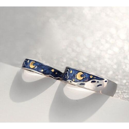 S925 Van Gogh Starry Sky Open Lover Rings Band Romantic Couple Jewelry Ring
