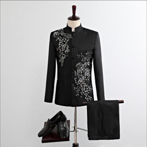 S-xxl Chinese Style Men Suits Fashion Black Paillette Embroidered Male Singer Slim Performance Party Prom Costume Groom Wedding
