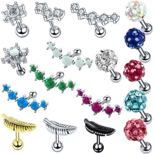 1PC Steel Feather Ear Cartilage Helix Barbell Bar Ear Stud Sexy Opal Crystal Flower Orelha Helix Tragus Earrings Piercings 16G