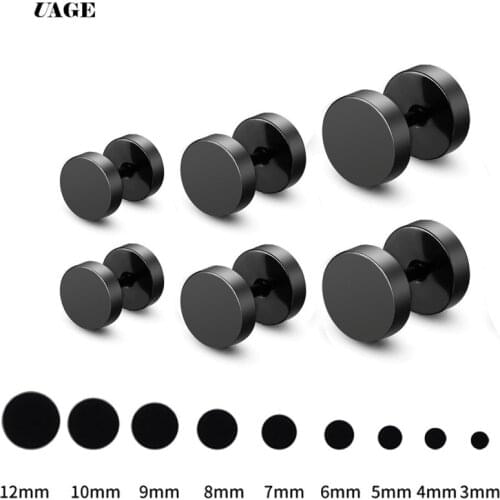 UAGE One Pair Black Stainless Steel Round Stud Earrings For Women Dumbbell Pierceing Earrings Men Punk Fashion Jewelry