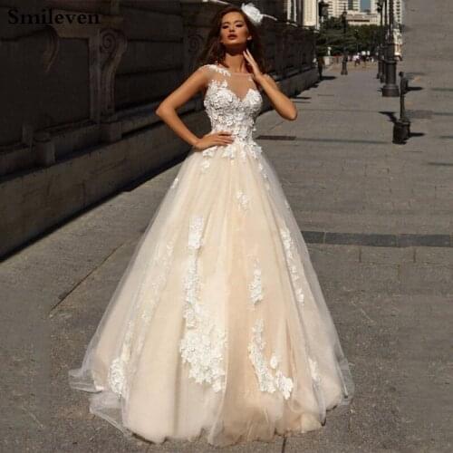 Smileven Princess Wedding Dresses Champagne Lace Bride Dresses Buttons Back Puff Tulle Wedding Gowns Custom Made