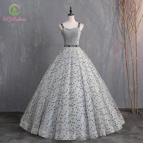 SSYFashion New Grey Evening Dress Banquet Elegant Tulle with Velvet A-line Long Formal Prom Gowns Special Occasion Dresses