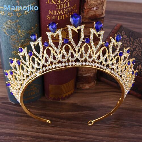 Mamojko Vintage Gold Red Blue Green Crystal Wedding Tiara Rhinestone Pageant Bridal Crown Prom Princess Bride Hair Jewelry