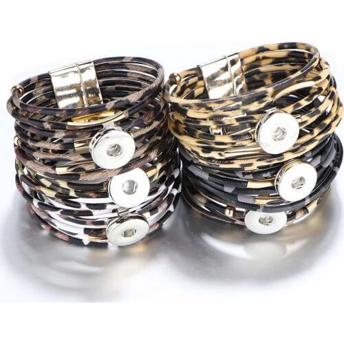 Snap Button Jewelry 18mm Snap Button Bracelet Punk Multilayer Leather Leopard Magnet Buckle Bracelet Armband Snaps Jewelry