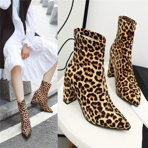 YQBTDL Autumn Spring High Heels Stretch Sock Boots Leopard Print Plaid Silver Slip on Ankle Womens Boots Pointed Toe Footwear