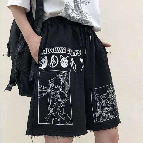 Summer Shorts Women Knee Pants Female College Style Cartoon Anime Print Loose High Waist Five Point Pants Harajuku Man Shorts