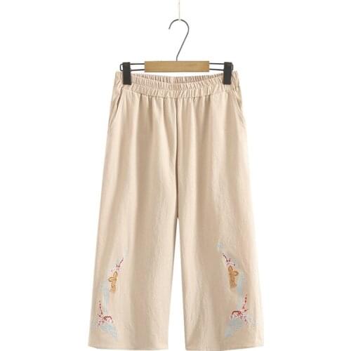 Plus Size XL-4XL Womens Khaki 7/10 Pants Elastic Waist Straight Floral Embroidery Vintage Summer Cropped Pants