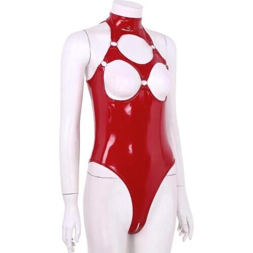 Women Porno Latex Catsuit Wetlook Leather Leotard Body Suit Sexy Shop Femme Open Cup Lingerie Crotchless Teddy Babydoll Bodysuit