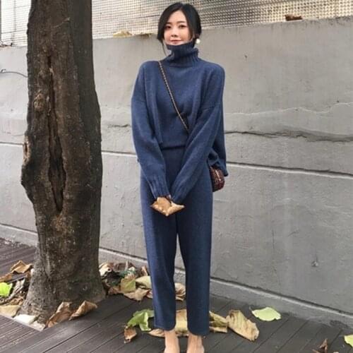 Runway New Autumn Knitted Tracksuit Turtleneck Sweatshirts Womens Suit Clothing 2 Piece Set Winter Female Knit Pants Outfits