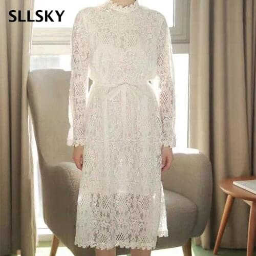 Sllsky Women White Lace Dress Long Sleeve Round Neck Waist belt Medium Casual Sweet Country 2021 Summer New Female Dress