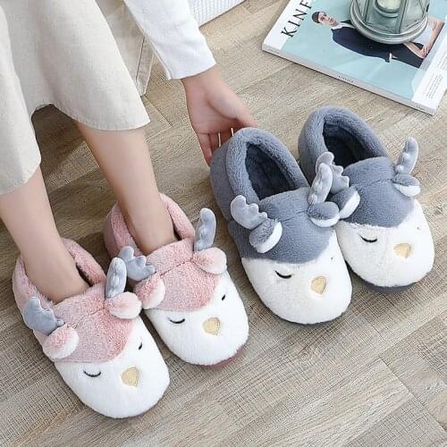 Winter House Warm Fur Slippers For Women Cute Deer Animal Bedroom Warm Plush Shoes Non-slip Indoor Couples Men Furry Slippers