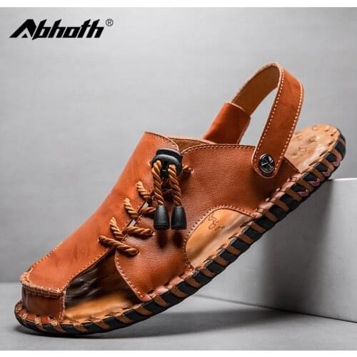 Abhoth Mens Sandals Leather Soft Breathable Lightweight Shoes Outdoor Classic Summer Beach Black Men Sandals Slippers Sandalias