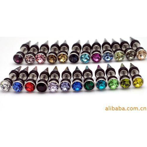 Free shipping 7mm mix 24colors 100pcs body jewelry mix lots men punk fashion earrings fake ear plugs spike with crystal stone