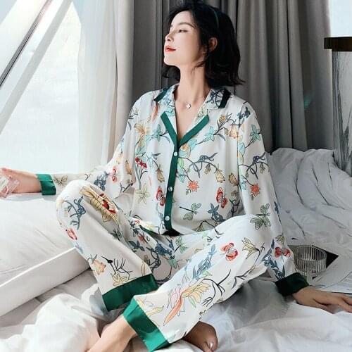 Womens Satin Pajamas Set Printed Long Sleeve and Long Button-Down Sleepwear Sumemer Silk Loungewear S-XXL