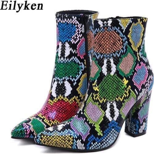 Eilyken 2021 New Women Ankle Boots Fashion Green Snake Grain Booties Winter Female Pointed Toe High Heels Ladies Zip Boots Shoes