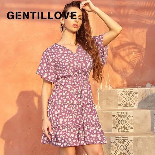 Gentillove Elegant Short Sleeve V Neck Floral Print Mini Dress Boho Ruffles Lace Up Ruffles Short A Line Sundress Beach Dress