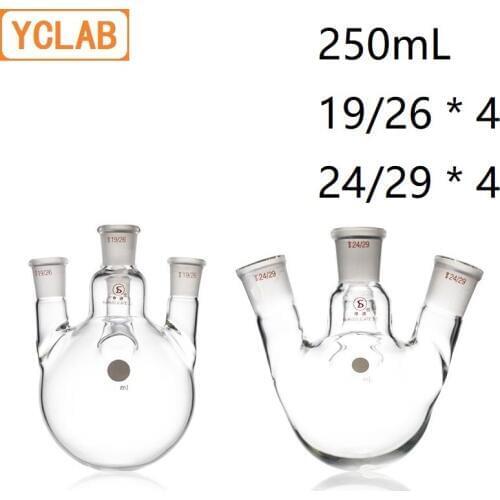 YCLAB 250mL Distillation Flask with Four Necks 19/26 * 4 Straight Shape & 24/29 * 4 Oblique Shape Standard Ground Mouths