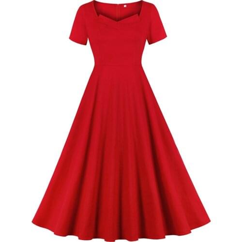 Red Women Retro Vintage Tunic Midi Summer Dress 50s 60s Solid Color Big Swing A Line Cotton Rockabiily Swing Sundress For Party