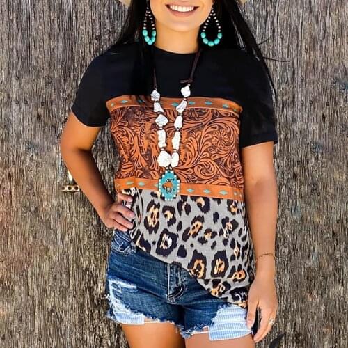 Summer Leopard Print Patchwork Contrast Color O Neck Short Sleeve T Shirt Women Casual Mid Length Plus Size Streetwear Tops