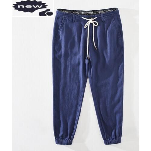 Mens Vintage Casual Sweatpants Summer Linen Ankle Length Harajuku Solid color Loose Fit Elastic Lace Up Men Pencil Pants