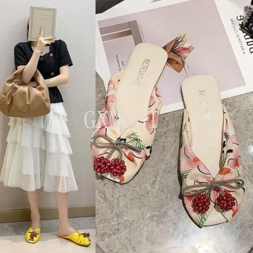 Cute fruit printing Designer Women Slippers Slip on Mules Low Heel Casual Shoes British Wooden Block Heels Summer Pumps Footwear