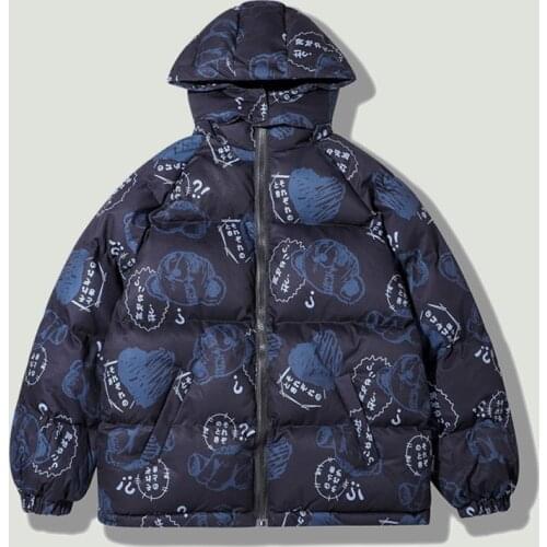 New Winter Fluffy Cotton Funny Cartoon Printed Mens Parkas Jackets Hip Hop Harajuku Loose Thicken Warm Casual Coats Unisex Tops