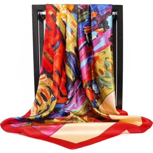 Fashion Print Silk Satin Hijab Scarf For Women Square Shawls Neckerchief Head Scarfs Female 90*90cm Headband Scarves For Ladies