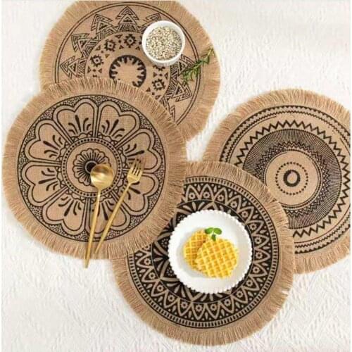 Placemat Coasters Round Insulation Pads Placemats Dining Table Pads Bowl Coasters Bohemian Foldable Flax Washable Bowl Cup Mat