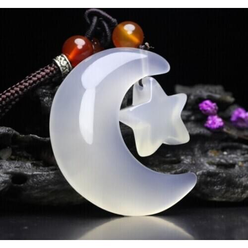 Natural ice white chalcedony pendant fashion sweet beauty star moon pendant transparent white necklac AAAAAA Free shipping