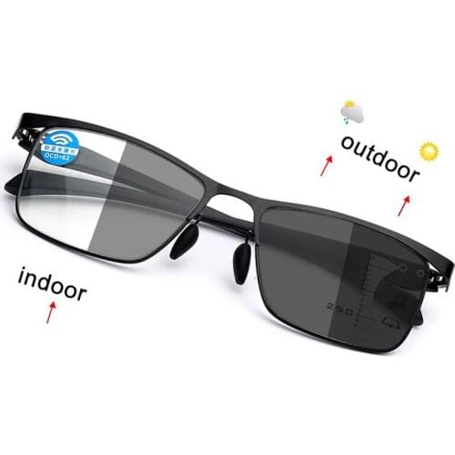 Progressive Sun Photochromic Reading Glasses Men Anti-Blue Ray Multifocal Change Color Presbyopic Glasses Metal Frame Eyewear
