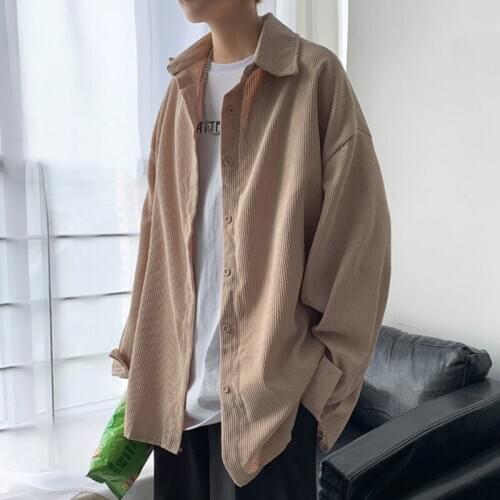 Spring Men Clothing Corduroy Shirt Long Sleeve Khaki Pure Color Casual Loose Handsome All-match Harajuku Japanese Fashion