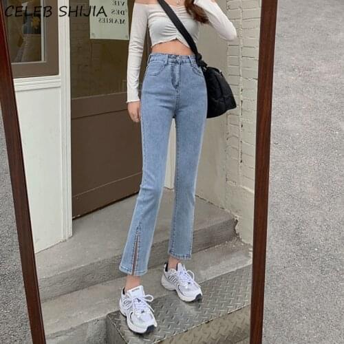 SHIJIA Light Blue Denim Jeans Woman Split Elastic High Waist Pencil Pants Woman Clothes Korean Ankle-length Slim Mom Jeans Woman
