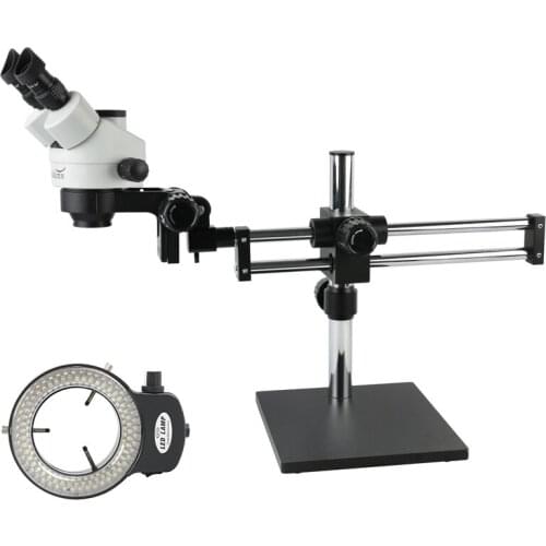 Simul-Focal 3.5X~90X Trinocular Stereo Microscop Universal Bracket Arms Double Boom Stand 144 LED Light MICROSCOPE Set