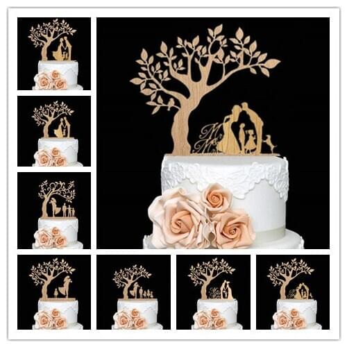 New family style bride and groom wedding cake topper with kids children silhouette pet for cake decorating birthday