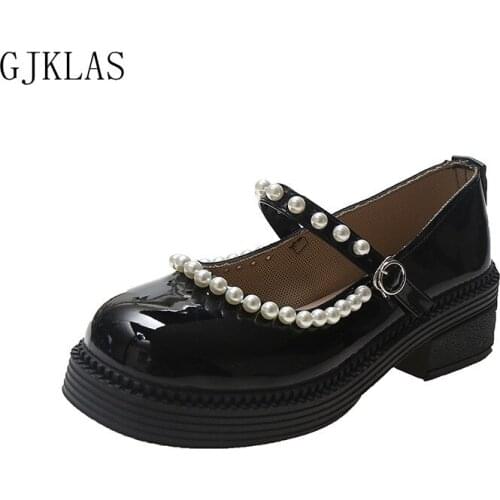 Patent Leather Shoes Women Platform Heels Square Toe Mary Jane Shoes Platform British Style Pearl Girls Cute Shoes Woman Heels