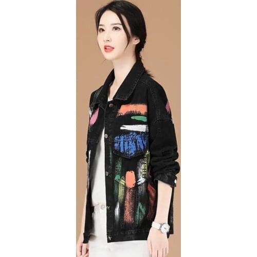 Printed Denim Jacket Womens Spring 2021 Autumn New Wild Jacket Female Pocket Cardigan Black Coat Buttons Casual Tops