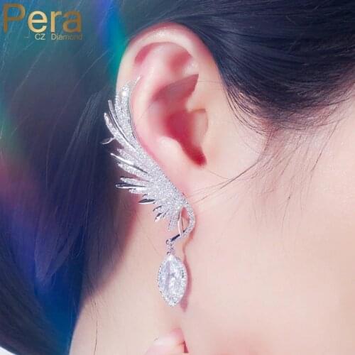 Pera Hot Fashion White Cubic Zirconia Long Angel Wing Leaf Dangle Drop Stud Earrings for Women Ear Cuff Daily Party Jewelry E460