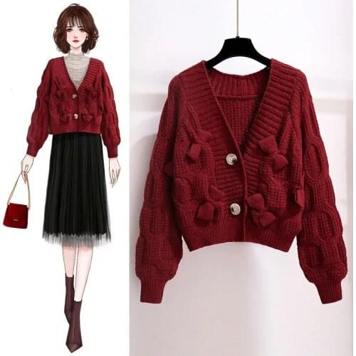Design sense bowknot short sweater cardigan jacket women spring new loose knit top women cardigan long knit COTTON V-Neck