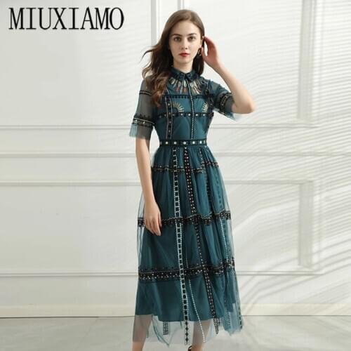 MIUXIMAO 2021 Spring Summer Embroidery Flower Half Sleeve Hollowing out Elegant Casual Long Dress Women Vestidos with Lace
