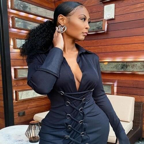 Lace Up V Neck Sexy Dresses for Women Party Night Club Flare Long Sleeve Mini Dress Spring Elegant Bandage Bodycon Dress Vestido