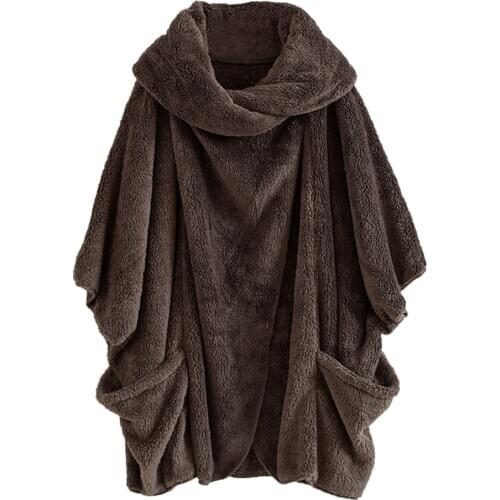 Stylish Bar Women Fluffy Coat Oversized Batwing Sleeve Jacket Female Button Outwear Autumn Winter Warm Poncho Top Lady Jumpers
