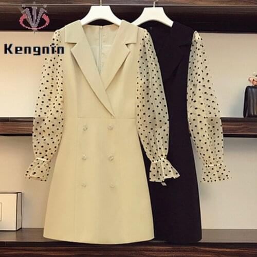 Loose Oversized French Style Women Tunic Dresses 2021 Autumn Mesh Patchwork Dot Print Female Robe Office Lady Work Dress KE1787