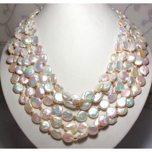 6 Strand Luster White Rainbow Coin Freshwater Pearl Necklace