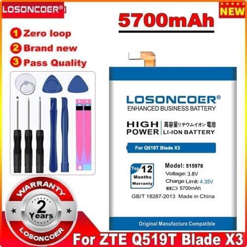 LOSONCOER 5700mAh E169-515978 Battery 515978 for ZTE Q519T Blade X3 D2 A452 Mobile Phone Battery Tools Stand Holder Stickers
