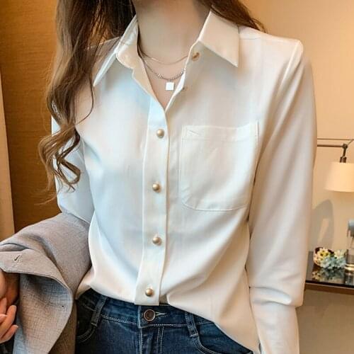 Blouse Women Blusas Mujer De Moda 2021 Long Sleeve Chiffon White Blouse Shirt Turn Down Collar Office Blouse For Women Tops D401