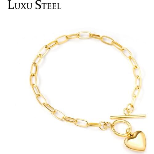 LUXUSTEEL Stainless Steel Heart Bracelets Bangles Women Accessories Bow Knot Clasp Gold Color Link Chains Bracelets Friendship